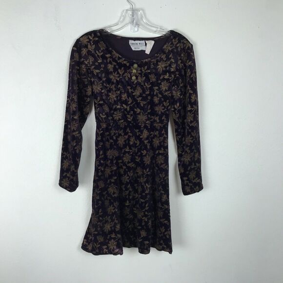 Vintage Purple Velvet Dress Size Petite 6P Gold Floral Long Sleeve Mini Y2K - Picture 1 of 7